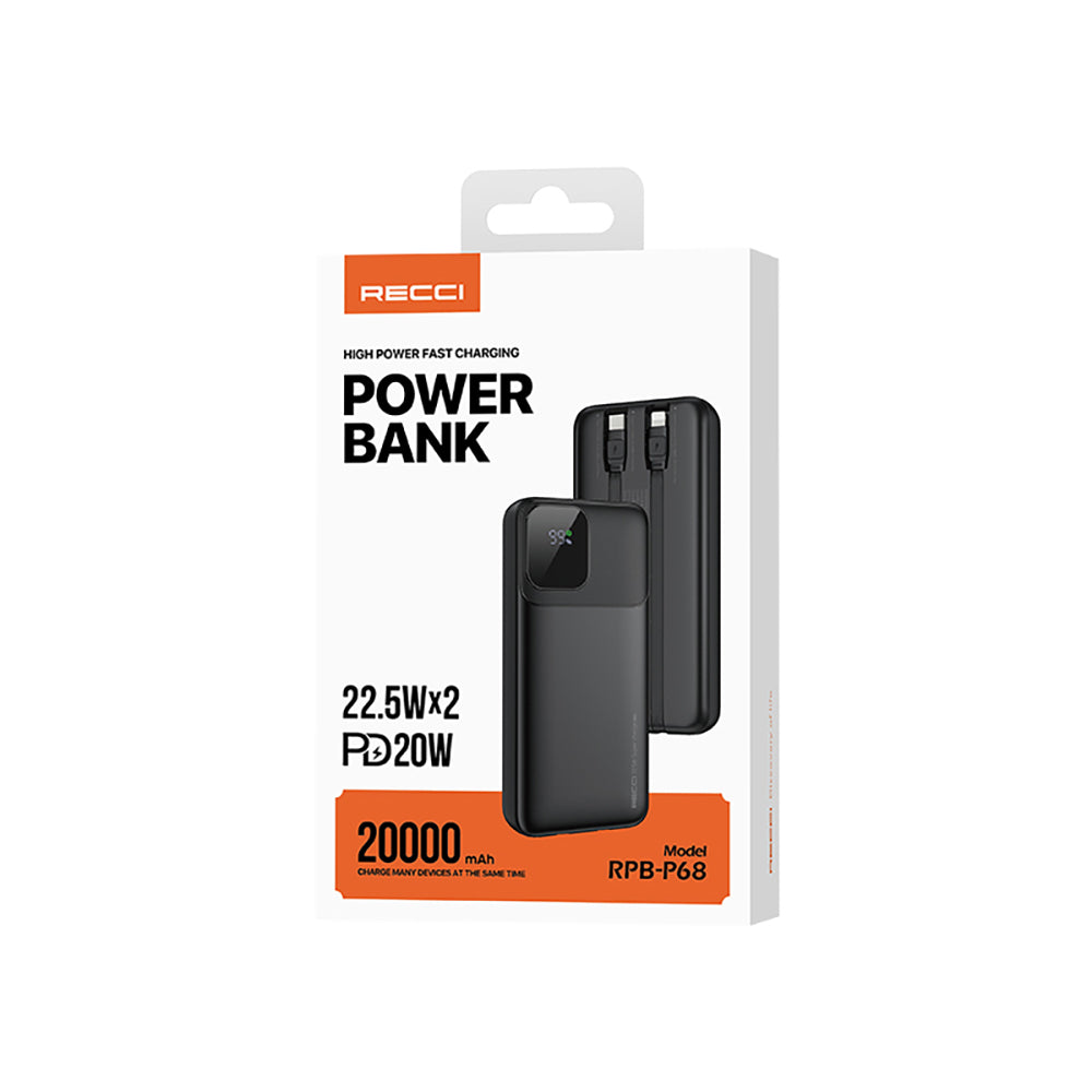 Recci RPB-P68 PD 20W Dijital LED Göstergeli Hızlı Şarj Özellikli Type-C ve Lightning Kablolu Powerbank 22.5W 20000mAh