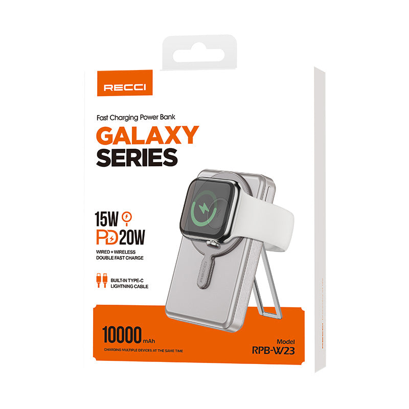 Recci RPB-W23 PD 20W Led Göstergeli Standlı Kablosuz Şarj Özellikli Type-C ve Lightning Kablolu Powerbank 15W 10000mAh