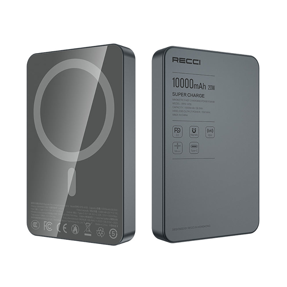 Recci RPB-W36 Ultra İnce PD 20W Hızlı Şarj Özellikli Wireless Powerbank 15W 10000mAh