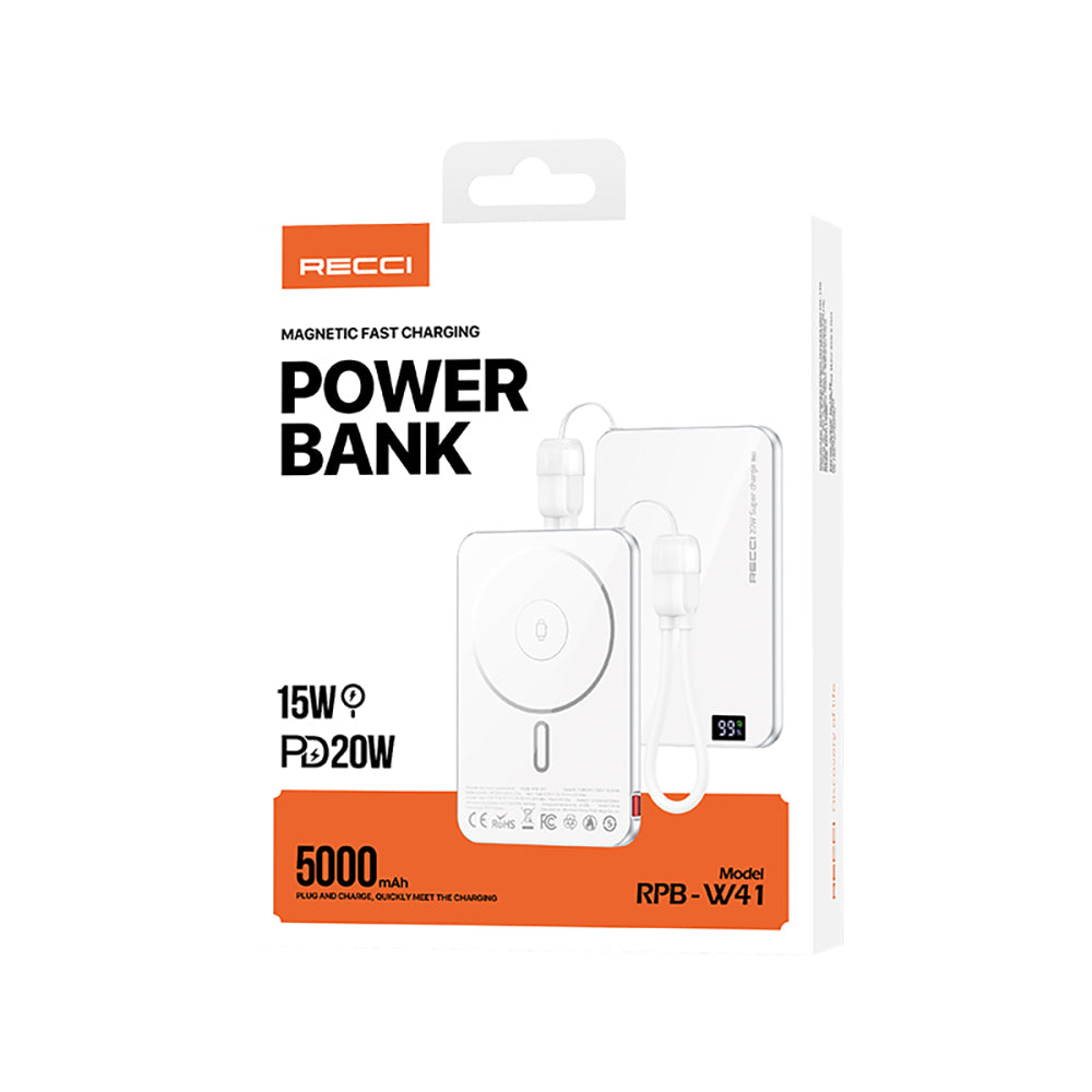 Recci RPB-W41 PD 20W Ultra İnce Hızlı Şarj Özellikli Type-C Kablolu Powerbank 15W 5000mAh
