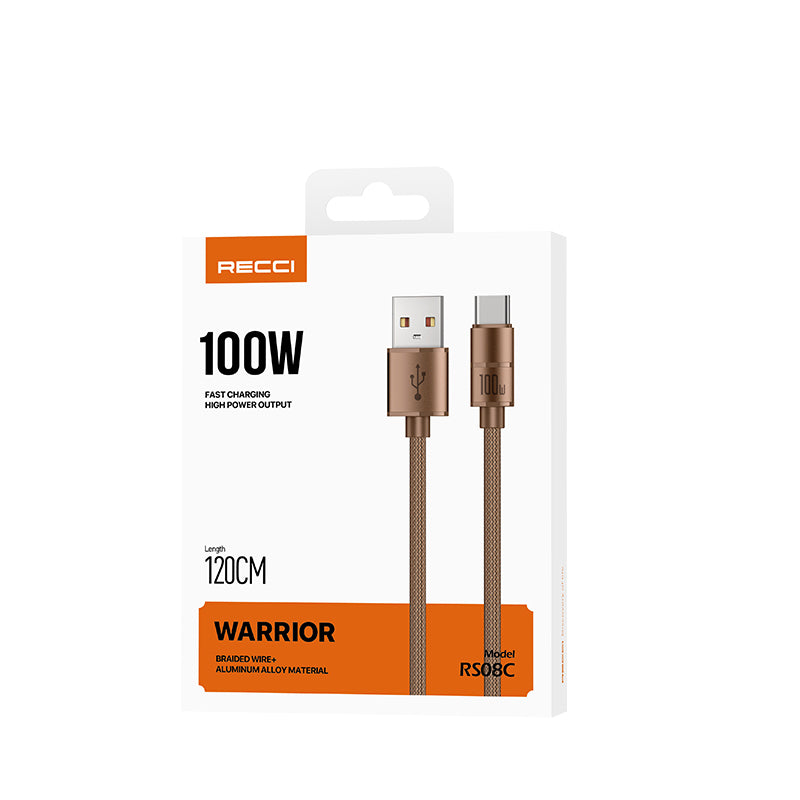 Recci RS08C Warrior Serisi USB-A to Type-C 100W Hızlı Şarj Özellikli Data ve Şarj Kablosu 1.2M