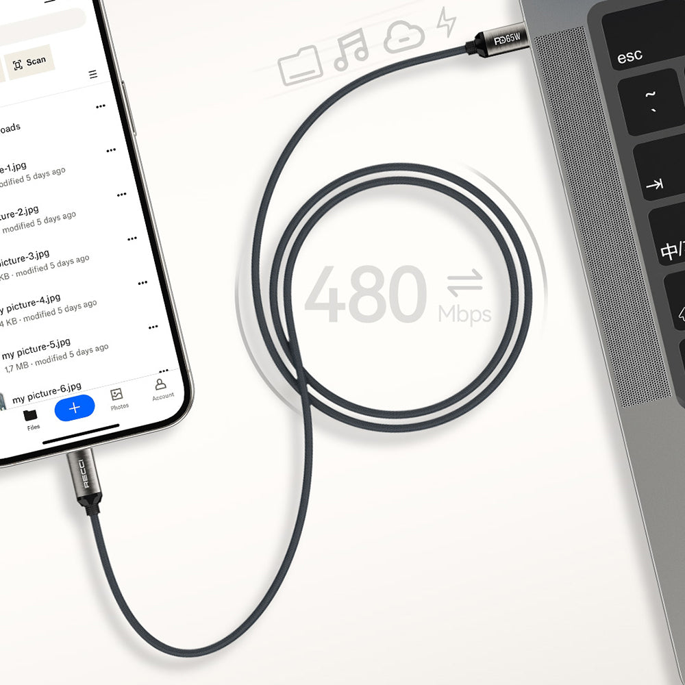 Recci RS35CC Type-C to Type-C PD 65W Örgü Tasarımlı Hızlı Şarj Özellikli Data ve Şarj Kablosu 1M