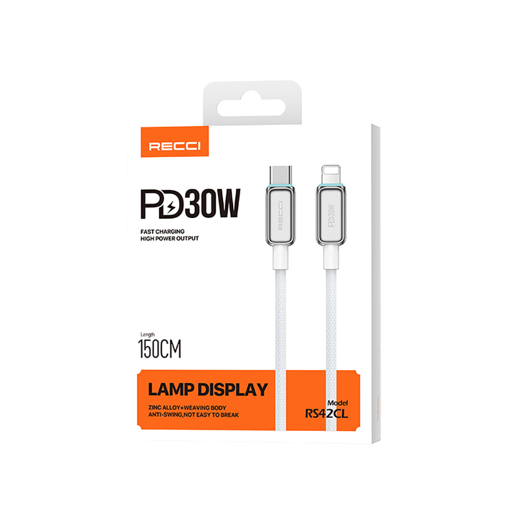 Recci RS42CL Lamp Display Serisi Type-C to Lightning PD 30W Hızlı Şarj Özellikli Data ve Şarj Kablosu 1.5M