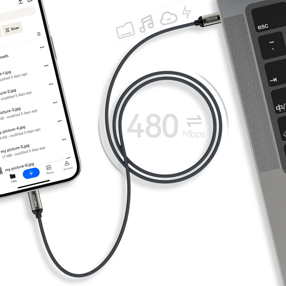 Recci RS45CC Type-C to Type-C PD 100W Örgü Tasarımlı Hızlı Şarj Özellikli Data ve Şarj Kablosu 1M