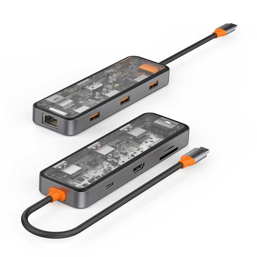 Wiwu CB008 Cyber 8 in 1 Type-C Hub 100W Şarj Destekli Şeffaf Görünümlü SD Kart-RJ45-Hdmi-Usb Çoğaltıcı
