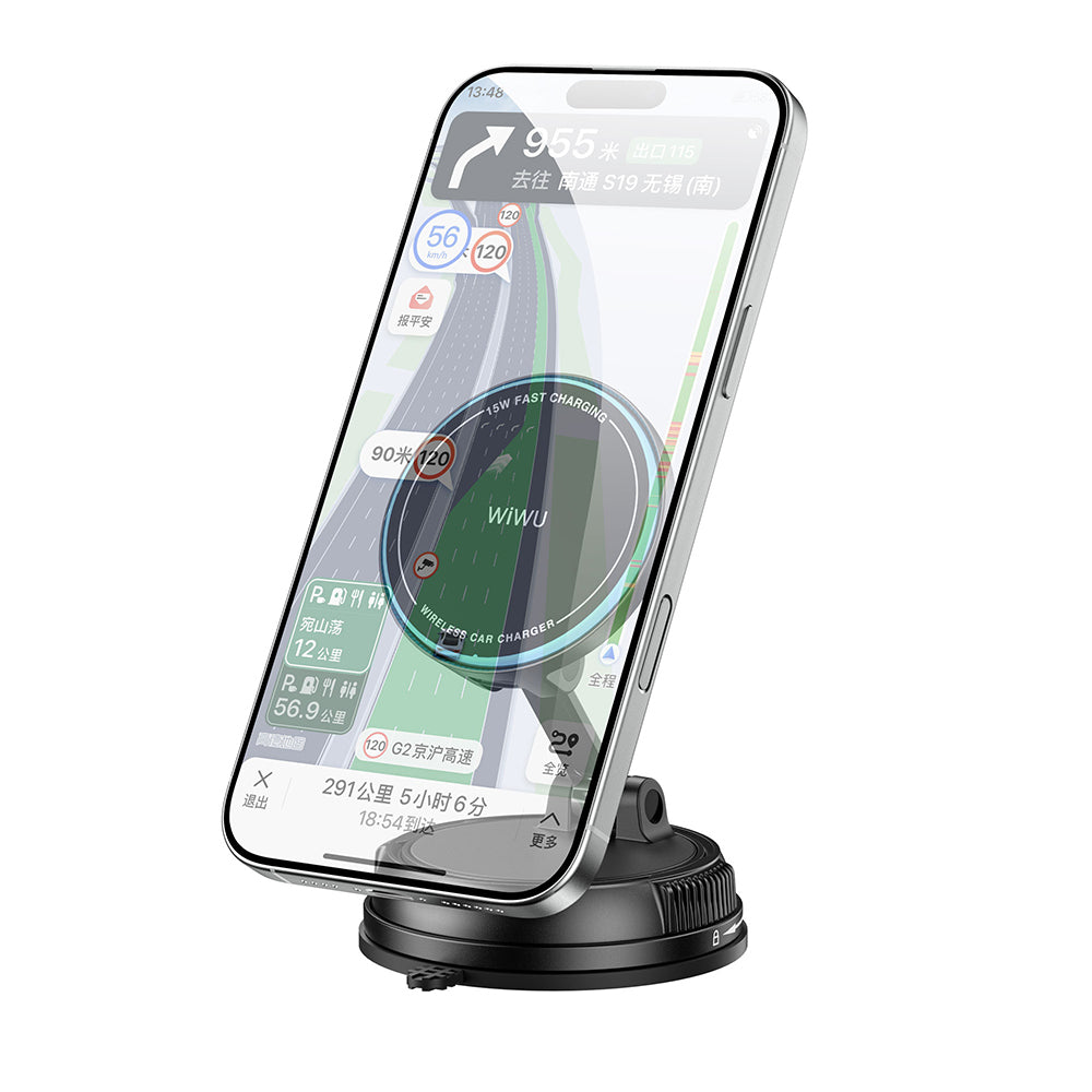 Wiwu CH-326 M-safe Şarj Özellikli 360 Derece Dönebilen Vakumlu Araç Telefon Tutucu 15W