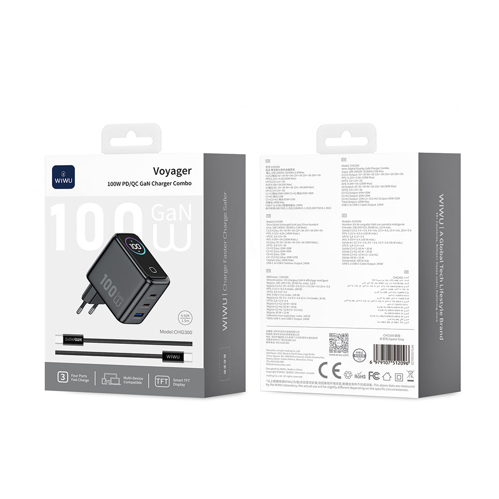 Wiwu CHG300 Voyager Serisi GaN Teknolojili PD/QC TFT Göstergeli Hızlı Şarj Başlığı 100W