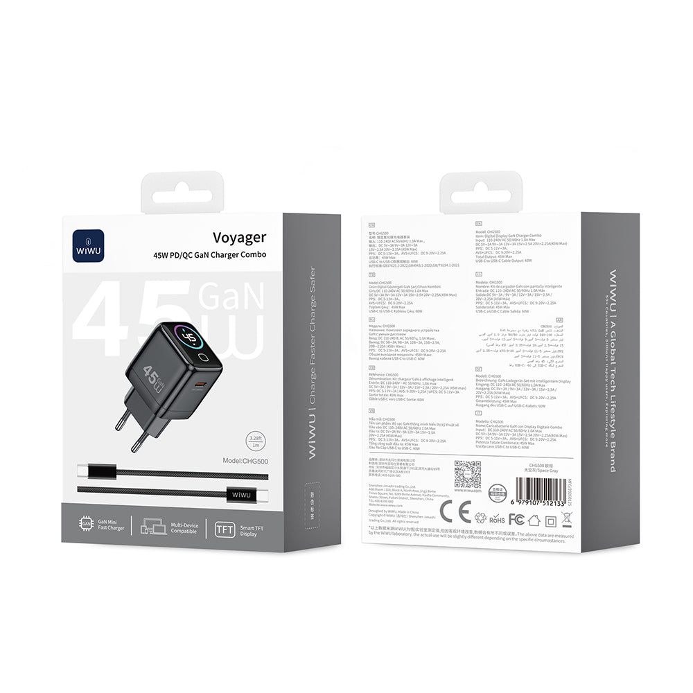 Wiwu CHG500 Voyager Serisi GaN Teknolojili PD/QC TFT Göstergeli Hızlı Şarj Başlığı 45W