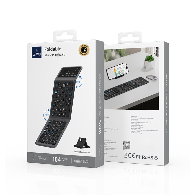Wiwu FMK-05 iOS Android Windows Uyumlu Katlanabilir Bluetooth Kablosuz Klavye + Masaüstü Telefon Standı