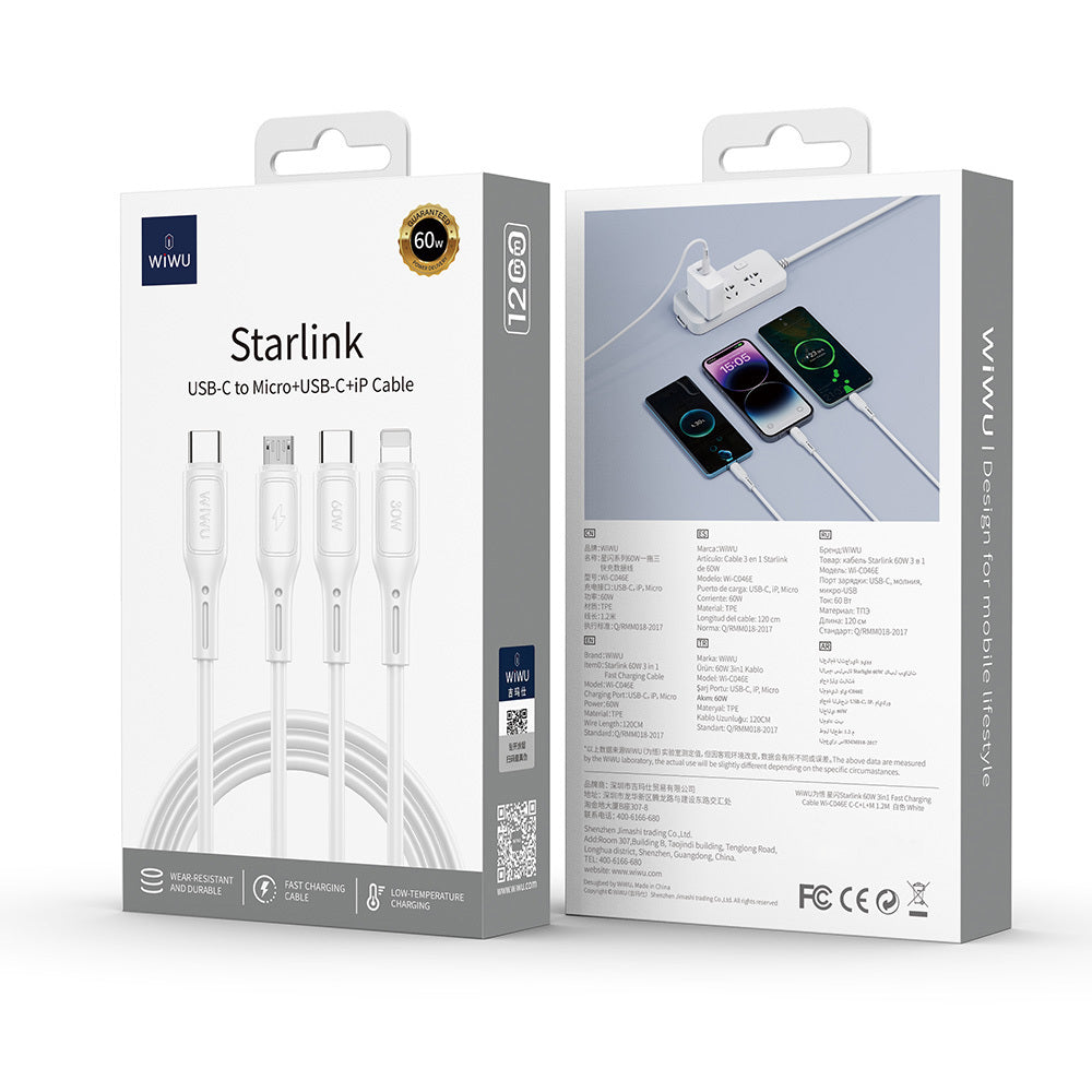 Wiwu Wi-C046E Starlink Serisi 3in1 USB-C to Lightning – Type-C – Micro Şarj ve Data Kablosu 60W 1.2M