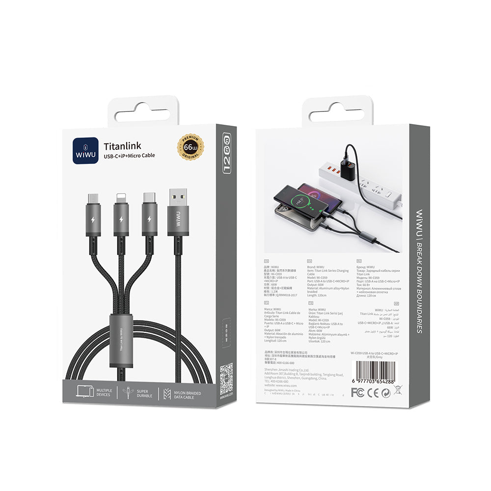 Wiwu Wi-C059 Titanlink Serisi 3in1 USB-A to Lightning – Type-C – Micro Örgülü Şarj ve Data Kablosu 66W 1.2m