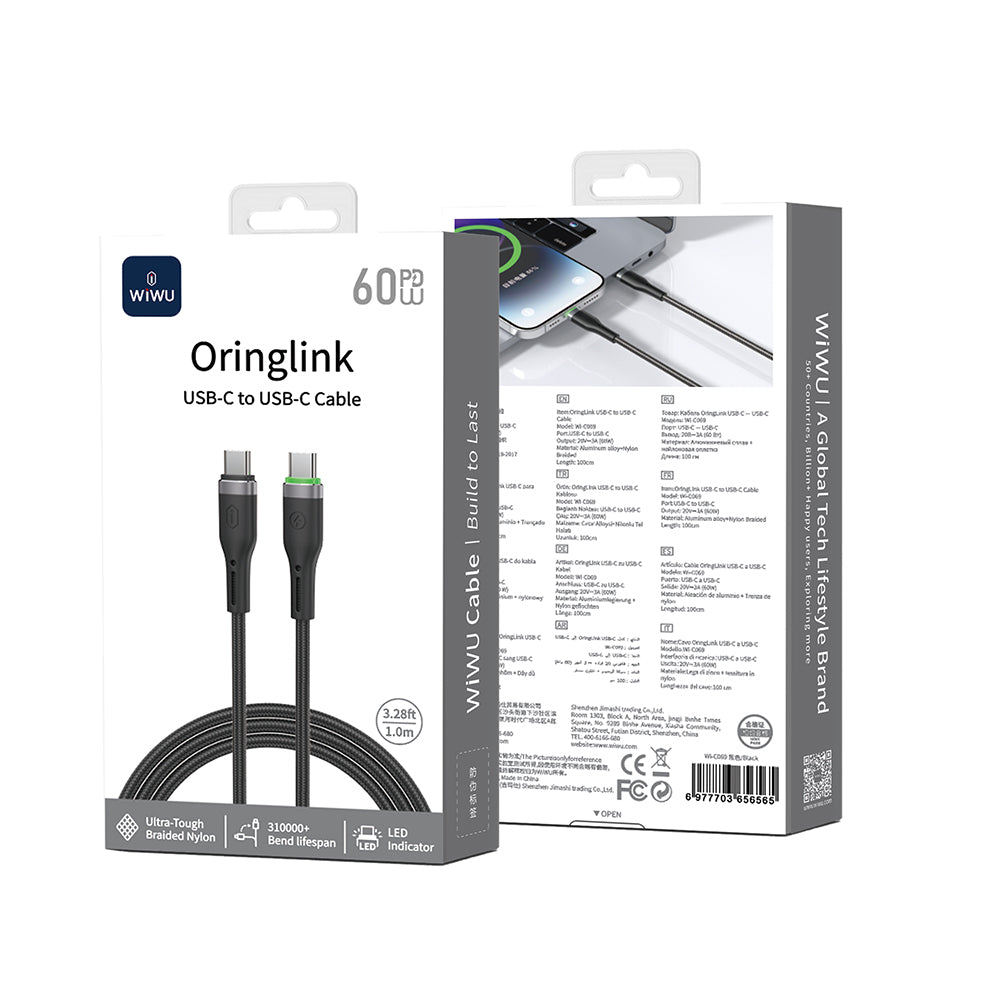 Wiwu Wi-C069 Orginlink Serisi LED Göstergeli Type-C to Type-C Hızlı Şarj Özellikli PD Data ve Şarj Kablosu 60W 1M