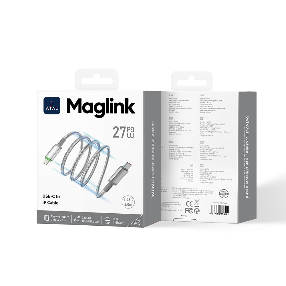 Wiwu Wi-C083 Maglink Serisi Işıklı Magnetik Type-C to Lightning PD Hızlı Şarj Özellikli Data ve Şarj Kablosu 27W 1M