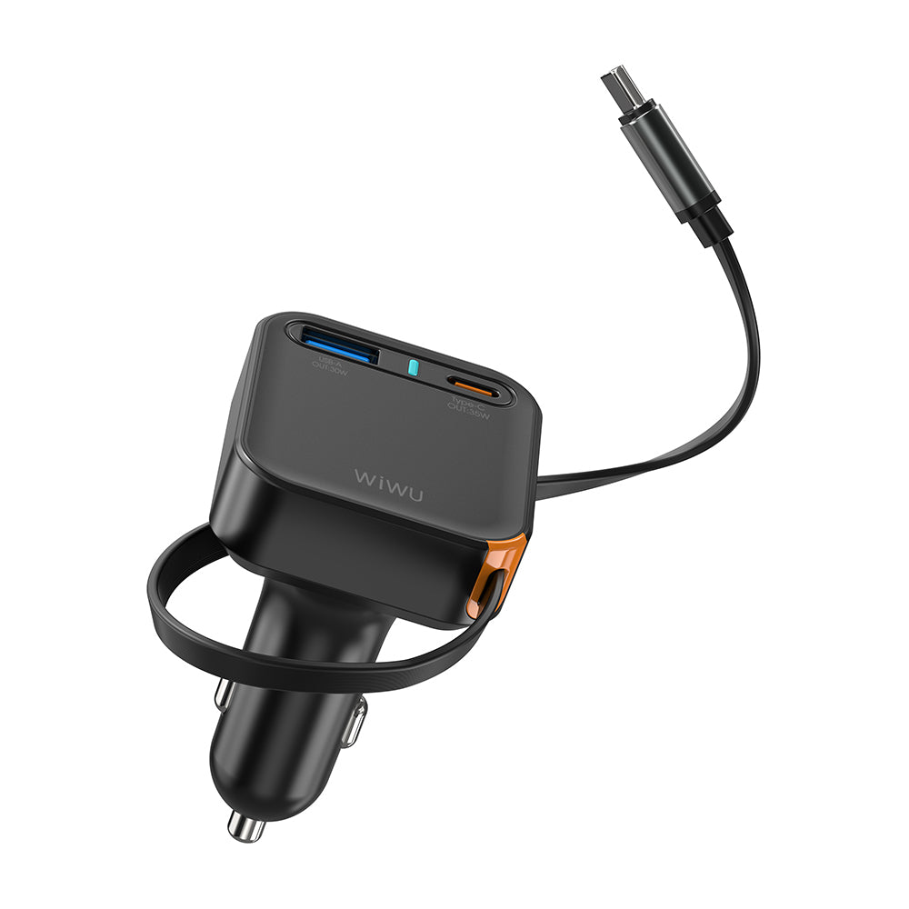 Wiwu Wi-CC033 Type-C + USB-A Hızlı Şarj Özellikli Akım Korumalı Dahili Kablolu Araç Şarj Aleti 65W