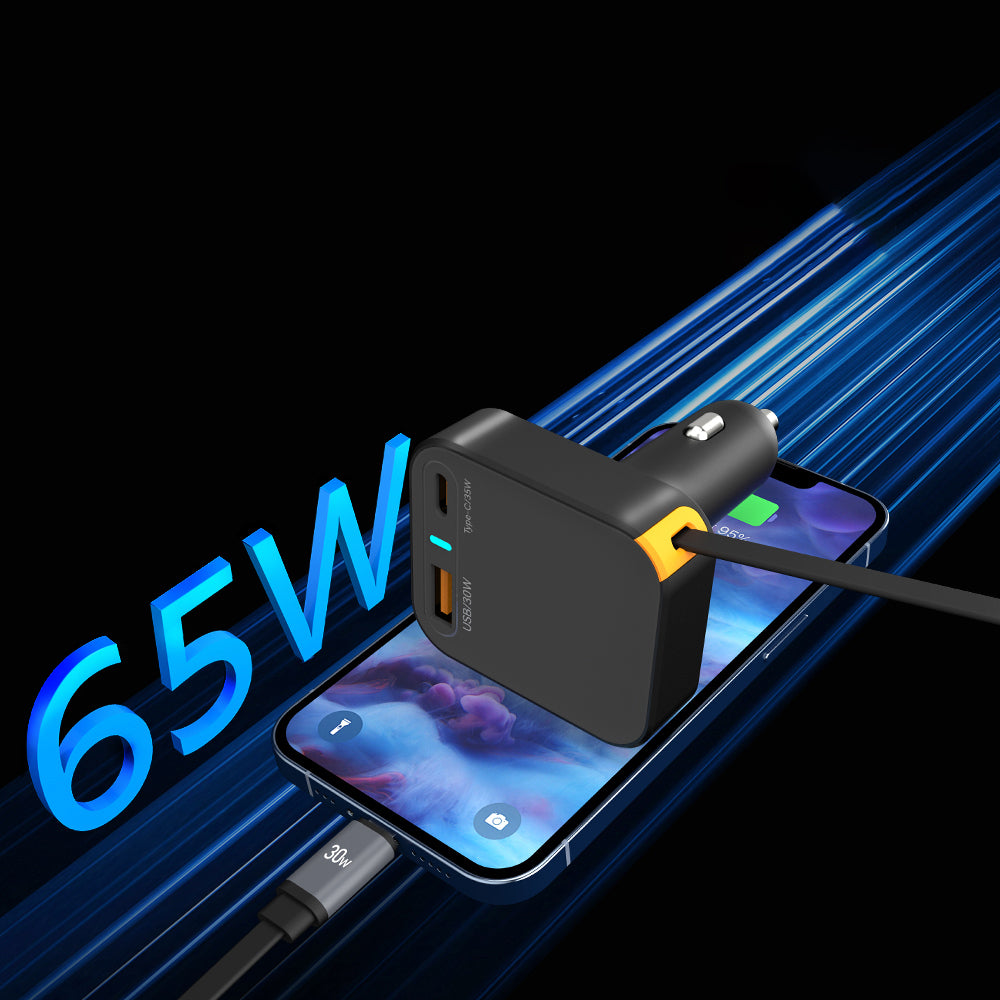 Wiwu Wi-CC033 Type-C + USB-A Hızlı Şarj Özellikli Akım Korumalı Dahili Kablolu Araç Şarj Aleti 65W