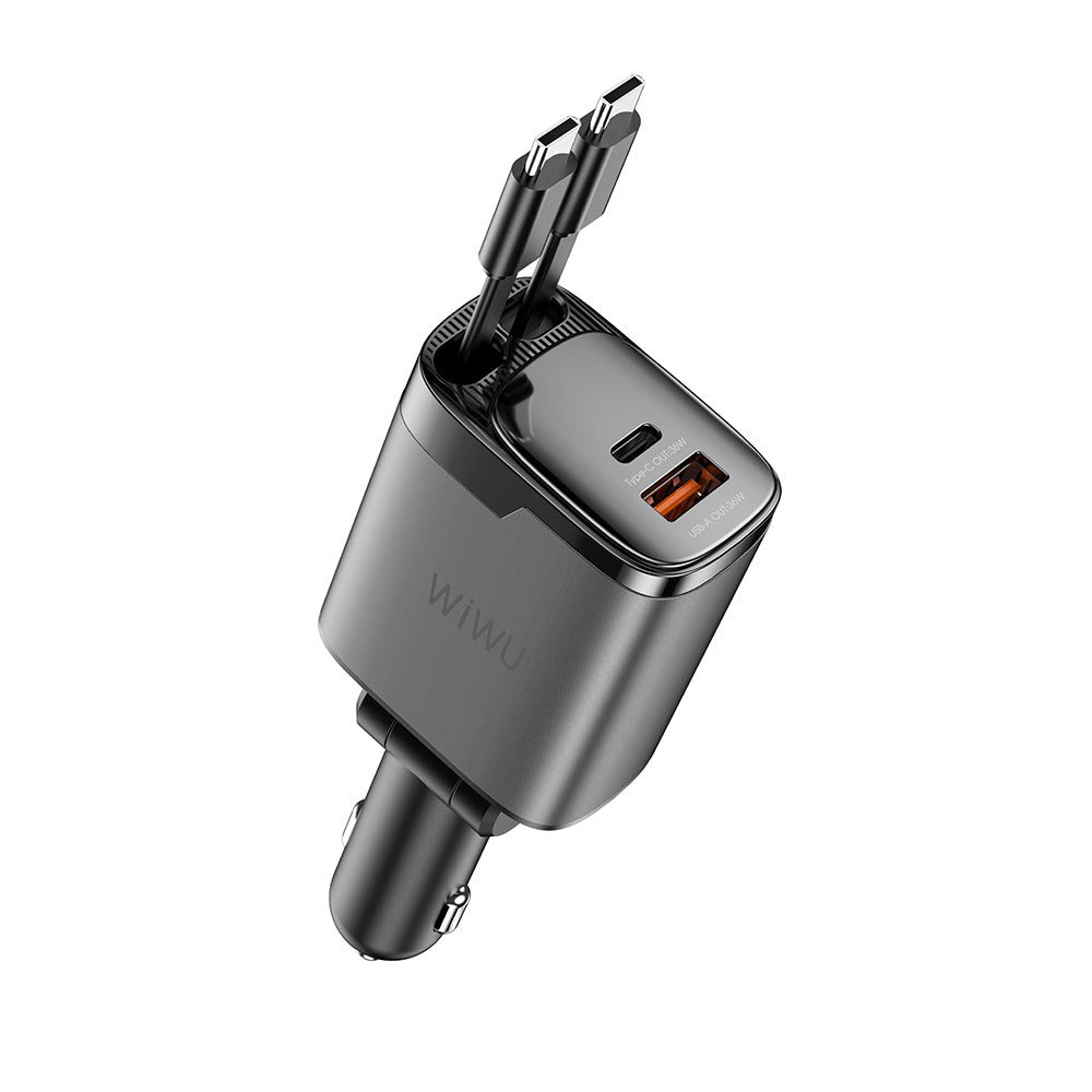 Wiwu Wi-CC034 Type-C + USB-A Hızlı Şarj Özellikli GaN Teknolojili Dahili Kablolu Araç Şarj Aleti 111W