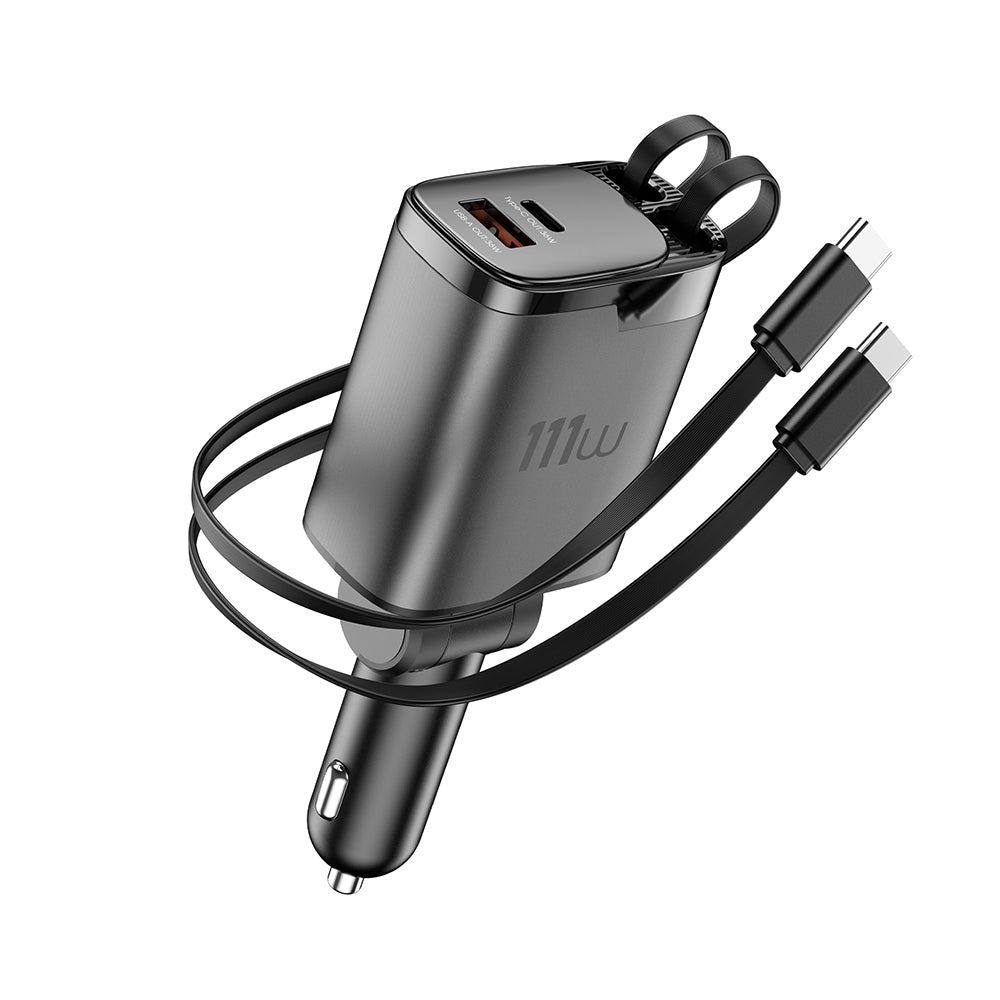 Wiwu Wi-CC034 Type-C + USB-A Hızlı Şarj Özellikli GaN Teknolojili Dahili Kablolu Araç Şarj Aleti 111W