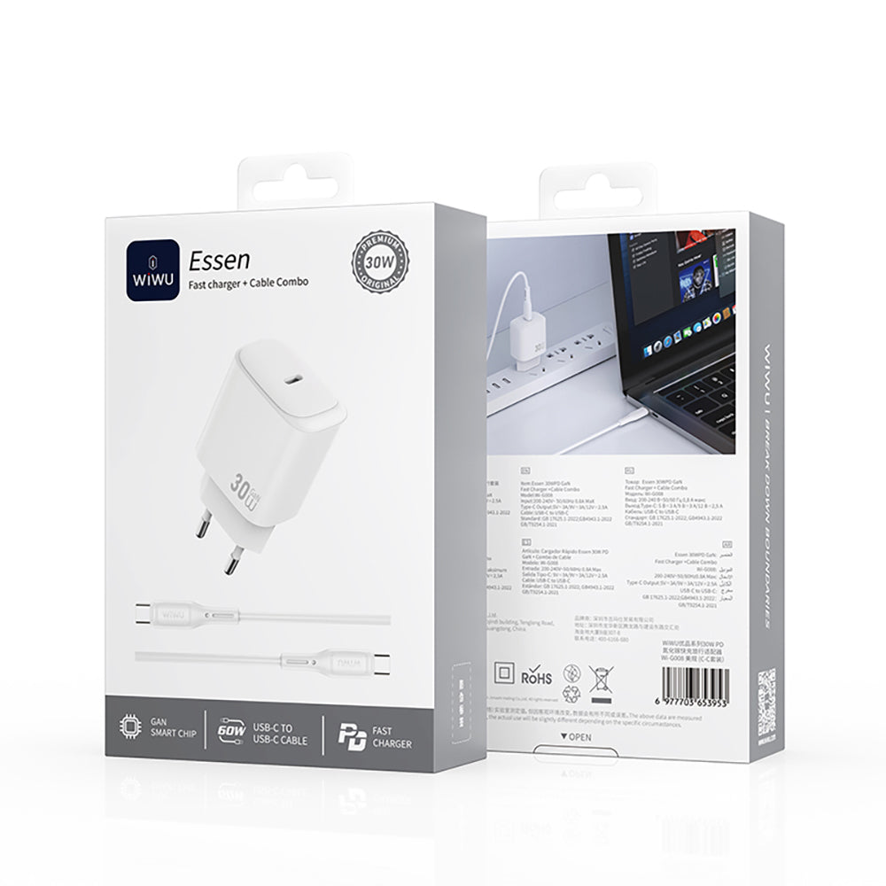 Wiwu Wi-G008 Essen Serisi GaN Tech PD Hızlı Şarj Başlığı Type-C to Type-C PD 30W Kablolu Şarj Seti