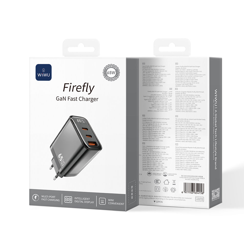 Wiwu Wi-G012 Firefly Serisi Dual Type-C PD & USB-A GaN Teknolojili Hızlı Şarj Başlığı 65W