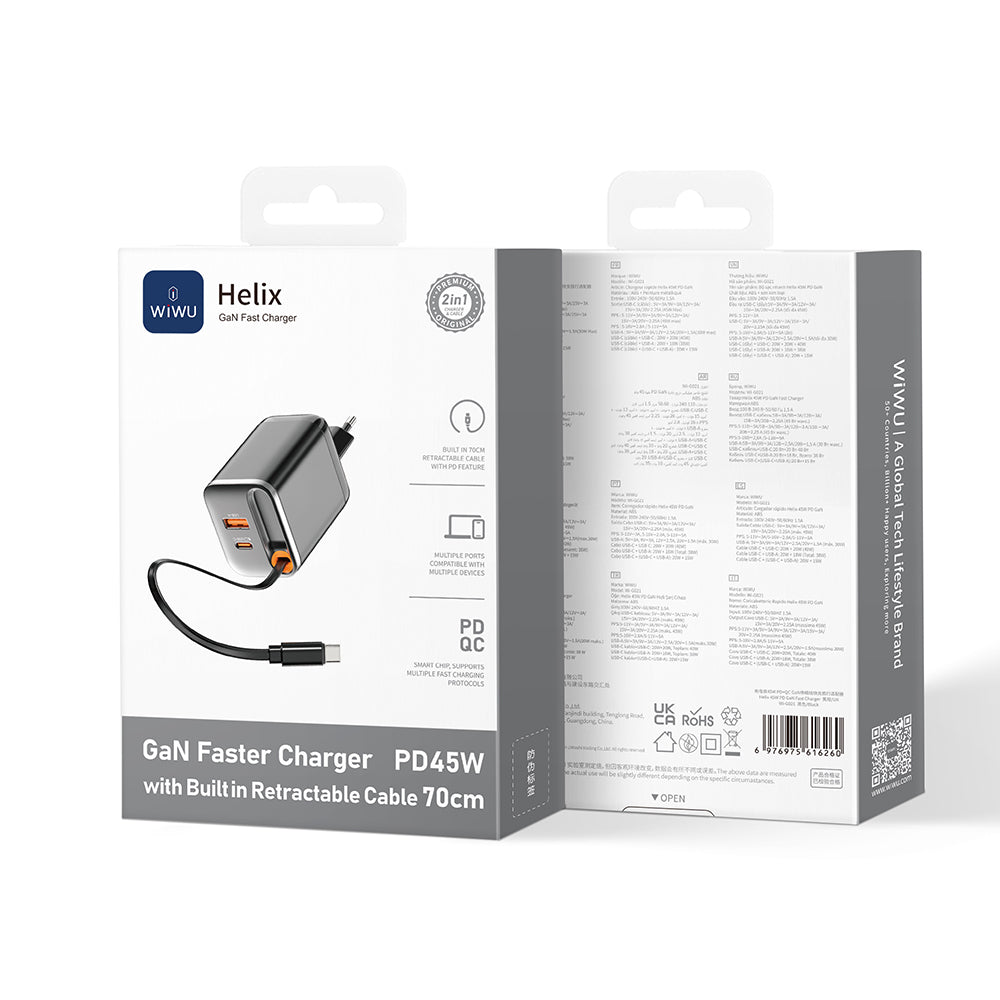 Wiwu Wi-G021 Helix Serisi GaN Teknolojili Hızlı Şarj Başlığı USB-A to Type-C PD 45W Type-C Kablolu Şarj Seti