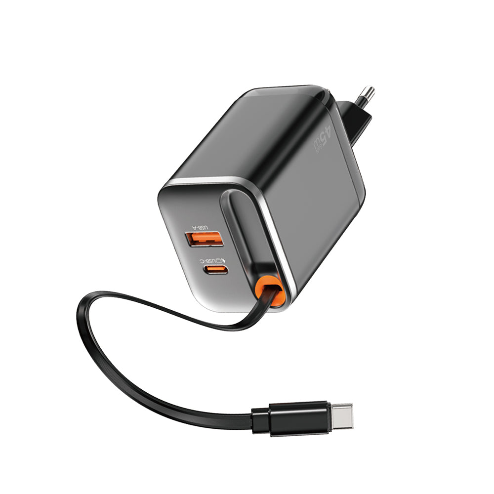 Wiwu Wi-G021 Helix Serisi GaN Teknolojili Hızlı Şarj Başlığı USB-A to Type-C PD 45W Type-C Kablolu Şarj Seti