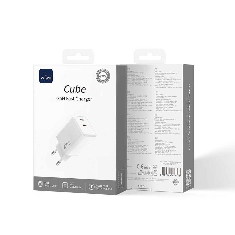 Wiwu Wi-G025 Cube Serisi Dual Type-C PD GaN Teknolojili Hızlı Şarj Başlığı 47W