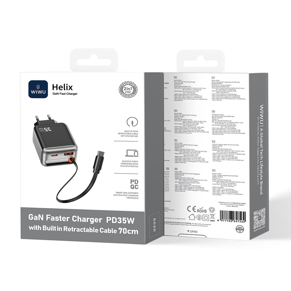 Wiwu Wi-G029 Helix Serisi GaN Teknolojili Hızlı Şarj Başlığı USB-A to Type-C PD 35W Type-C Kablolu Şarj Seti