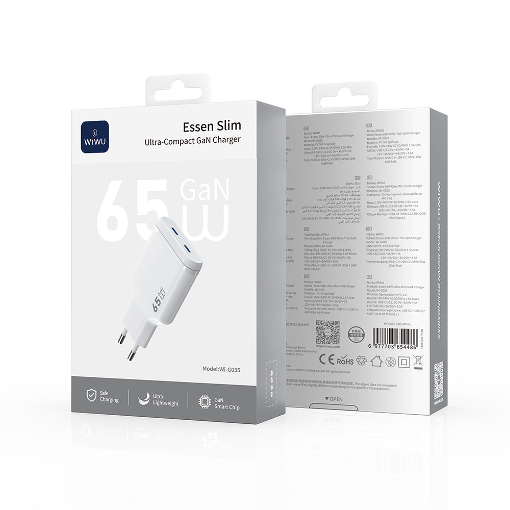 Wiwu Wi-G035 Essen Slim Serisi GaN Tech PD Hızlı Şarj Özellikli Şarj Başlığı 65W