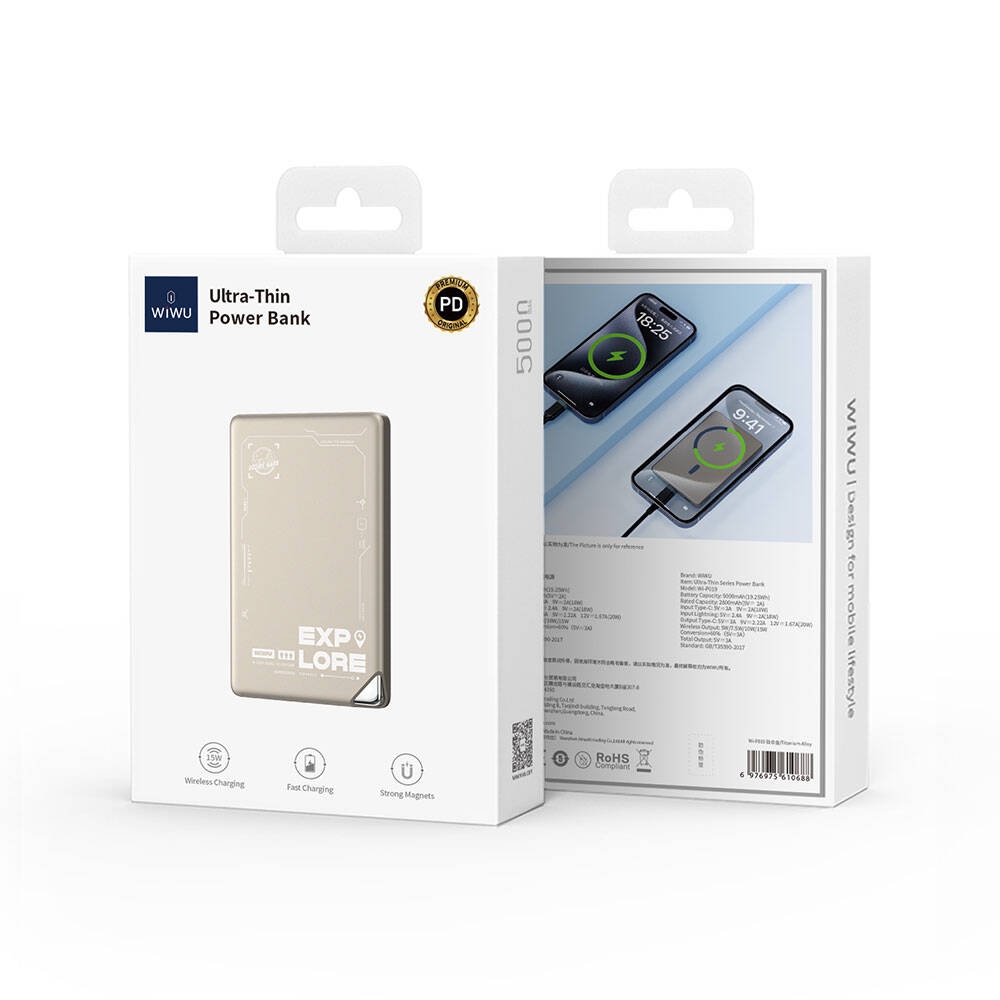 Wiwu Wi-P019 Ultra-Thin Explore Serisi Led Göstergeli Wireless M-safe Powerbank 15W 5000mAh