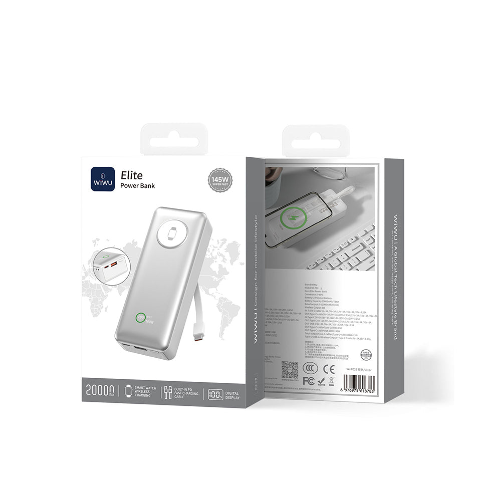 Wiwu Wi-P023 Elite Serisi Dijital LED Göstergeli Akıllı Saat Kablosuz Şarj Özellikli Taşınabilir Powerbank 20000mAh 145W