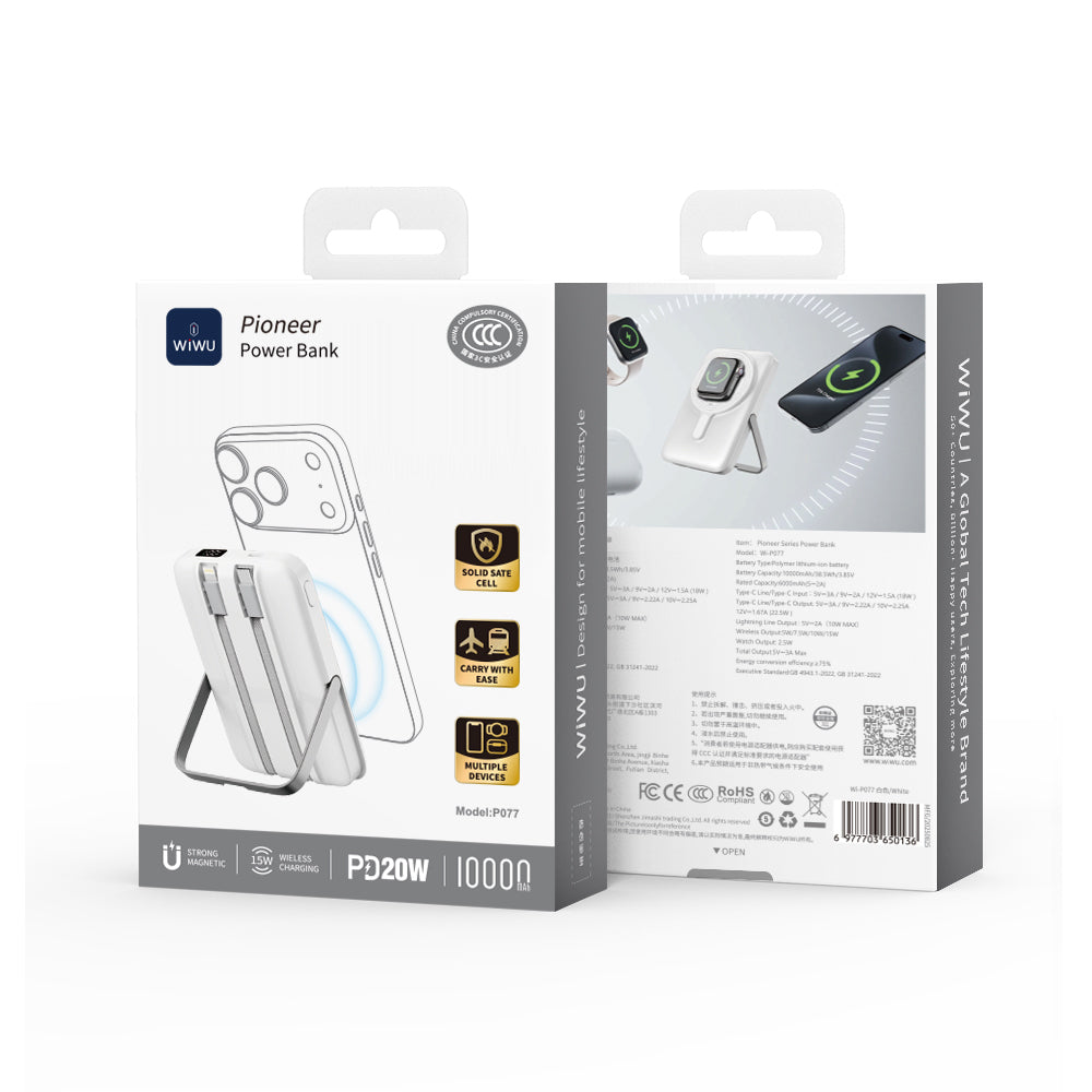 Wiwu Wi-P077 Pionner Serisi Taşınabilir Wireless Şarj ve PD 20W Hızlı Şarj Özellikli Standlı Powerbank 15W 10000mAh