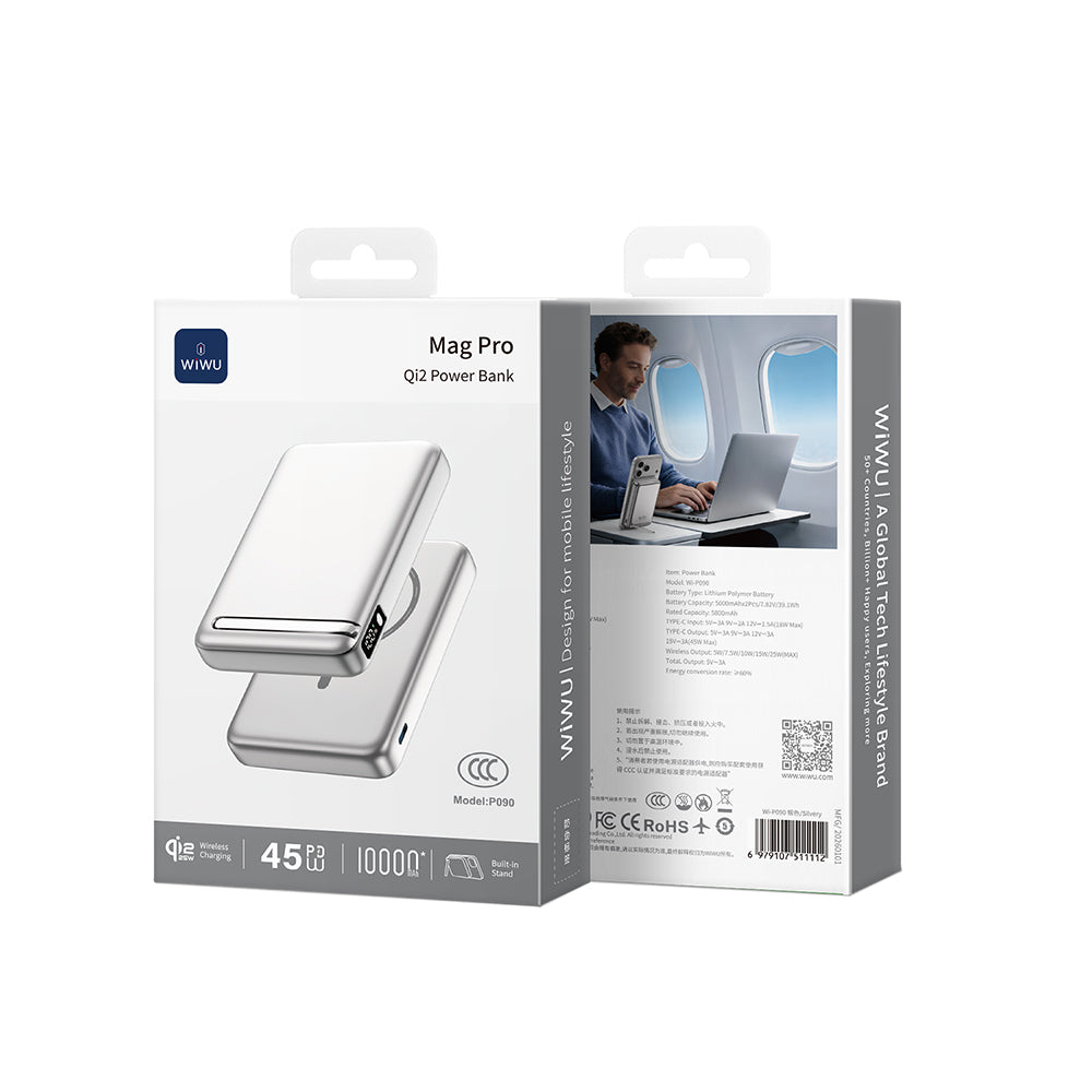 Wiwu Wi-P090 Mag Pro Serisi Qi2 Şarj Teknolojili Standlı 45W Taşınabilir M-safe Wireless Powerbank 10.000mAh