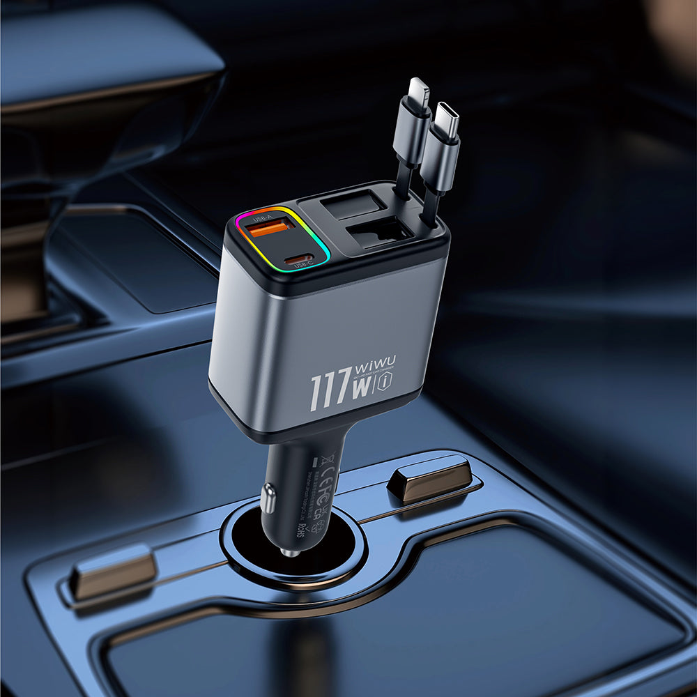 Wiwu Wi-QC027 Exeed Serisi Type-C&Lightning Kablolu + USB-A Hızlı Şarj Özellikli Led Göstergeli Araç Şarj Aleti 117W
