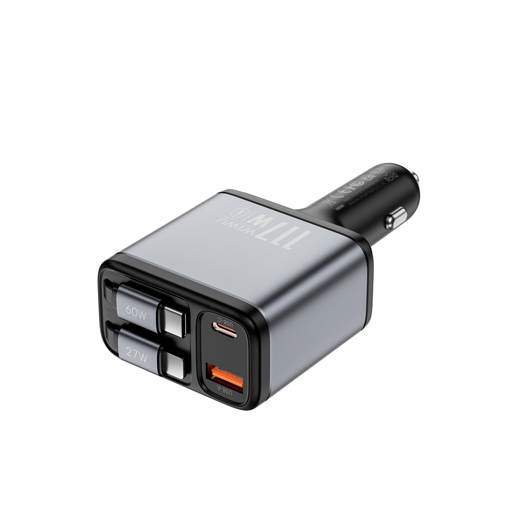 Wiwu Wi-QC027 Exeed Serisi Type-C&Lightning Kablolu + USB-A Hızlı Şarj Özellikli Led Göstergeli Araç Şarj Aleti 117W