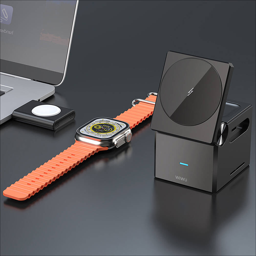 Wiwu Wi-W030 Small Square Küp Tasarımlı Telefon & Akıllı Saat & Kulaklık İçin 15W 3in1 Kablosuz Şarj Standı
