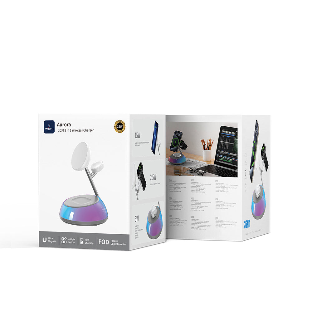 Wiwu Wi-W036 Qi2 3 in 1 Magnetik Hızlı Şarj Özellikli Ambiyans Işıklı Kablosuz Şarj Standı 15W