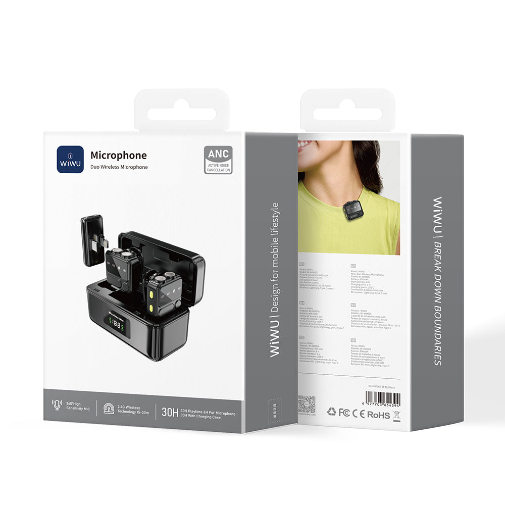 Wiwu Wi-WM005 2in1 Type-C ve Lightning Portlu ANC Özellikli Kablosuz Yaka Mikrofonu
