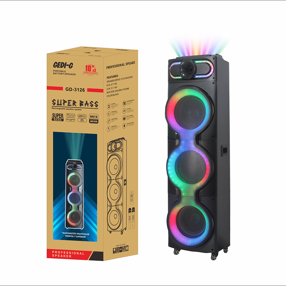Zore GD-3126 Dijital LED Göstergeli Mikrofonlu RGB TWS Üçlü 10 inç Stereo Bass Kablosuz Karaoke Hoparlör