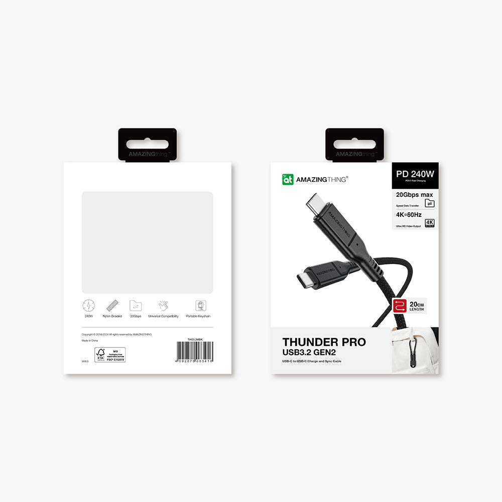 Amazingthing Thunder Pro USB3.2 Gen2 PD3.1 Port Korumalı Type-C to Type-C Kablo 20cm 240W 4K@60Hz