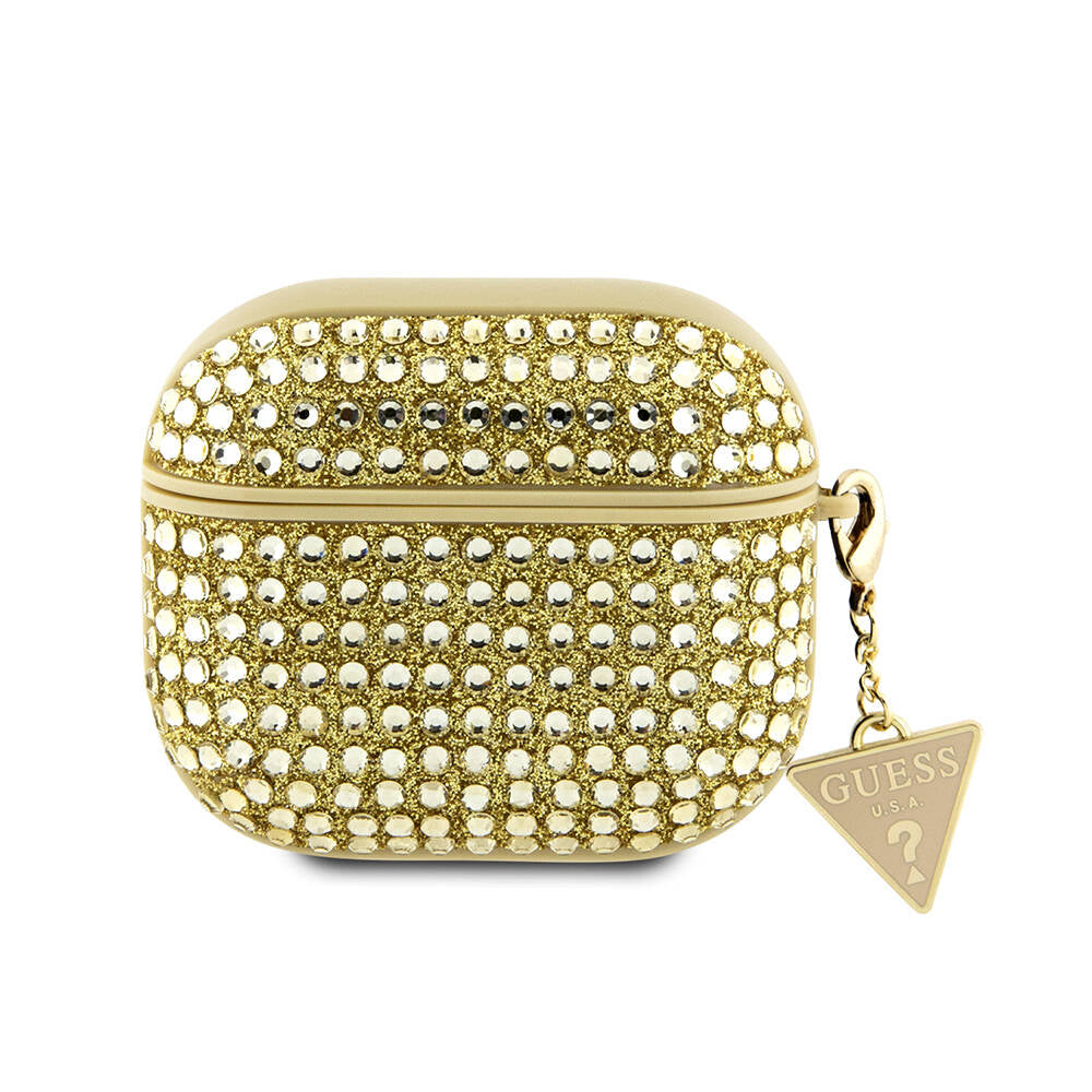 Airpods 3. Nesil Kılıf Guess Orijinal Lisanslı Parıltılı Taş Kaplamalı Üçgen Logo Süs Zincirli Kılıf