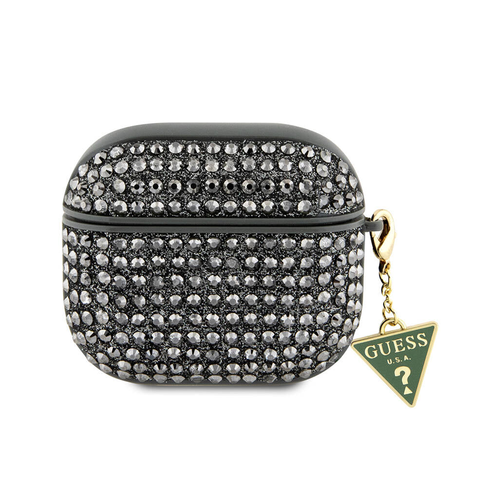 Airpods 3. Nesil Kılıf Guess Orijinal Lisanslı Parıltılı Taş Kaplamalı Üçgen Logo Süs Zincirli Kılıf