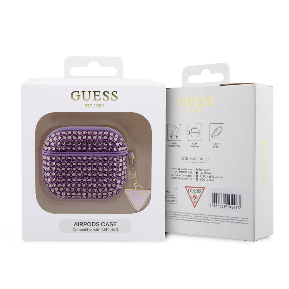 Airpods 3. Nesil Kılıf Guess Orijinal Lisanslı Parıltılı Taş Kaplamalı Üçgen Logo Süs Zincirli Kılıf