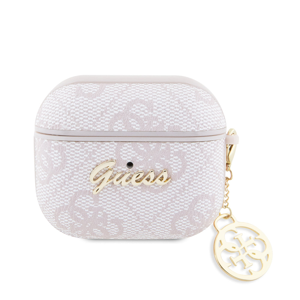 Airpods 3.Nesil Kılıf Guess Orijinal Lisanslı 4G Desenli Metal Script Logolu 4G Charm PU Deri Kılıf