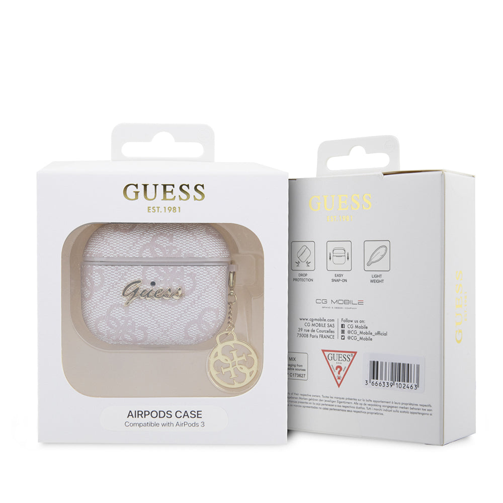 Airpods 3.Nesil Kılıf Guess Orijinal Lisanslı 4G Desenli Metal Script Logolu 4G Charm PU Deri Kılıf