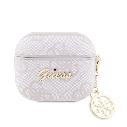 Airpods 3.Nesil Kılıf Guess Orijinal Lisanslı 4G Desenli Metal Script Logolu 4G Charm PU Deri Kılıf