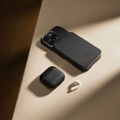 Airpods 4 Kılıf 1500D Aramid Fiber Pitaka Ultra-Slim Classic Serisi Black-Grey Twill Kılıf