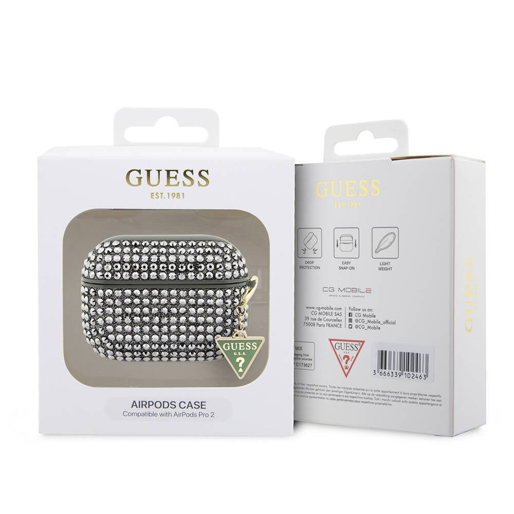 Airpods Pro 2 Kılıf Guess Orijinal Lisanslı Parıltılı Taş Kaplamalı Üçgen Logo Süs Zincirli Kılıf