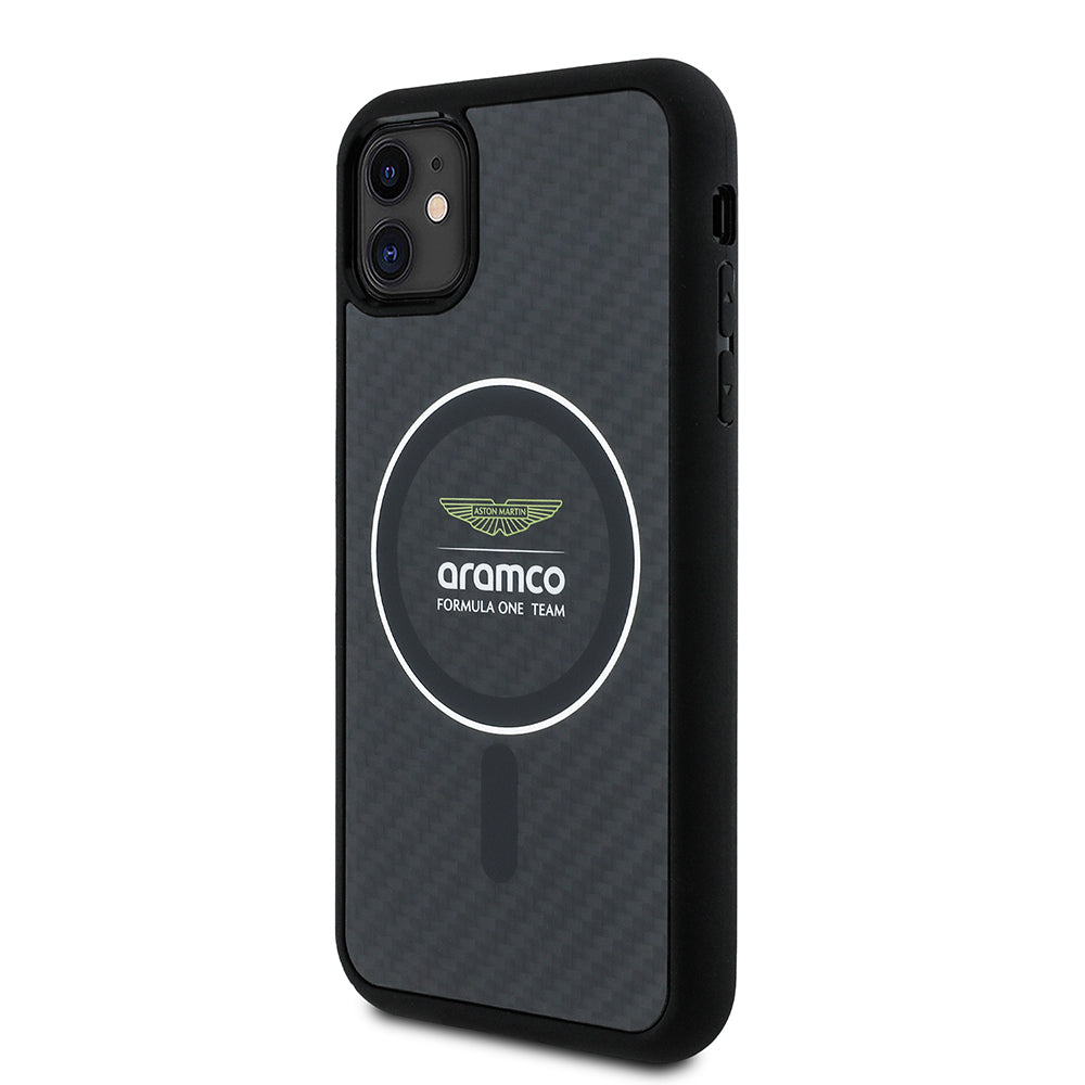 iPhone 11 Kılıf Aston Martin Orijinal Lisanslı M-safe Şarj Özellikli Renkli Halka ve Karbon Fiber Tasarımlı Kılıf