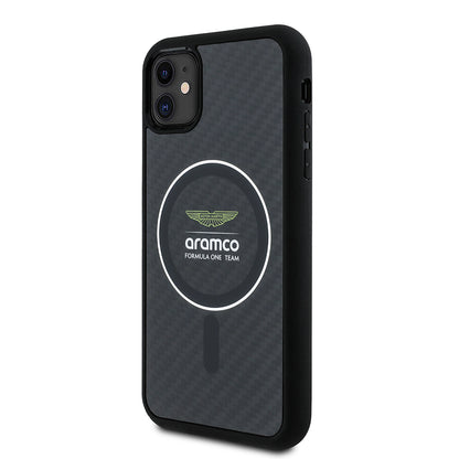 iPhone 11 Kılıf Aston Martin Orijinal Lisanslı M-safe Şarj Özellikli Renkli Halka ve Karbon Fiber Tasarımlı Kılıf