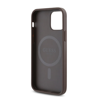 iPhone 12 Kılıf Guess Orijinal Lisanslı M-safe Şarj Özellikli 4G Desen Yazı Logolu Kılıf